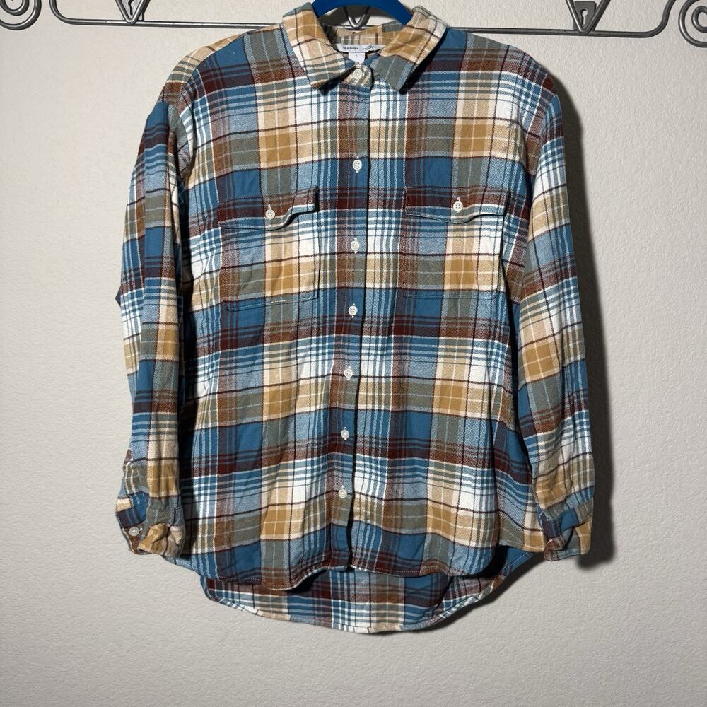 Flannel Shirt Old Navy Size L 2022 Tunic Boyfriend Shirt Blue Watch Plaid LS